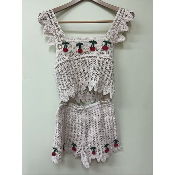 NWT Rebellion Again crocheted crop top  & shorts with embroidered red cherries S - Picture 1 of 7